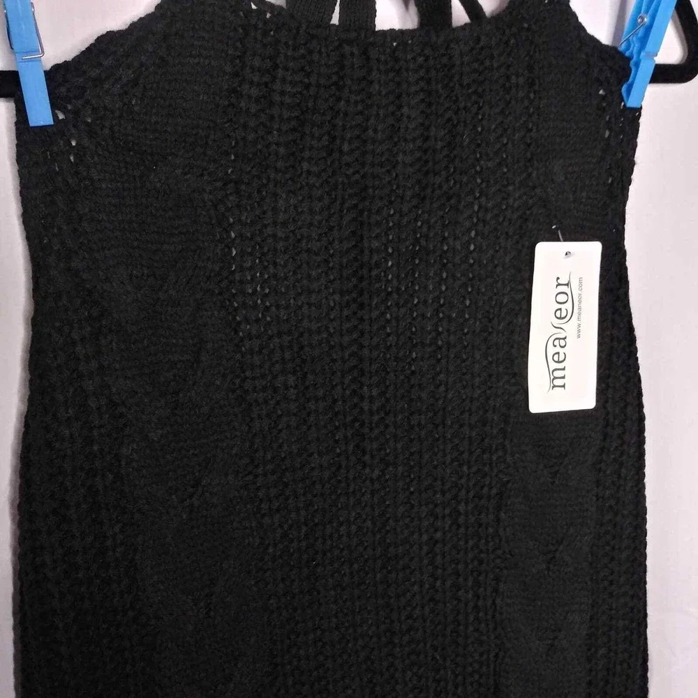 Measeor Sweater Dress Medium Black Halter Neck Tie Low Back Cable Knit NWT